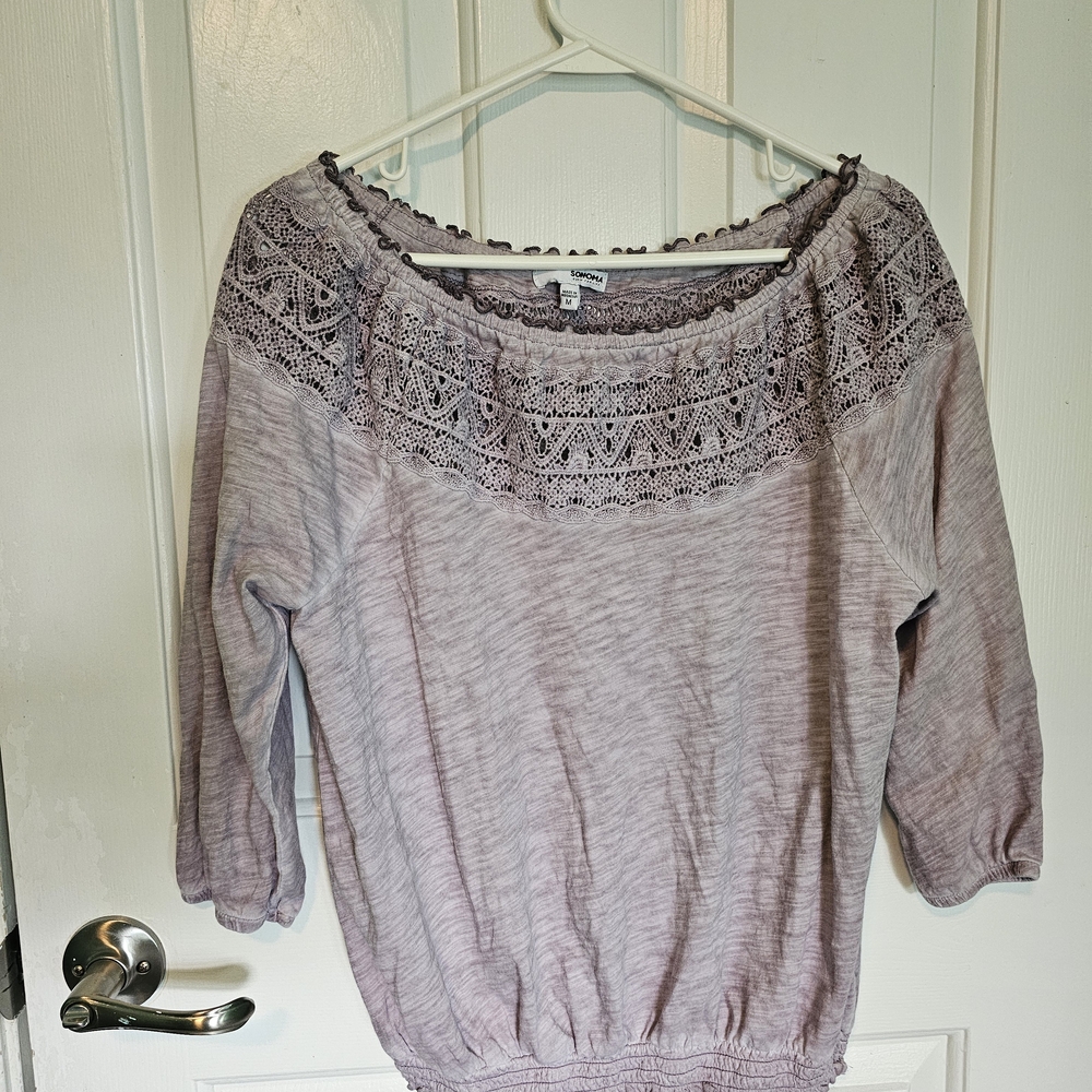 Sonoma Heathered Purple Lace Top Peasant Blouse Women's Sz M